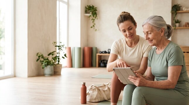 Yoga instructor showing tablet to senior woman in studio
