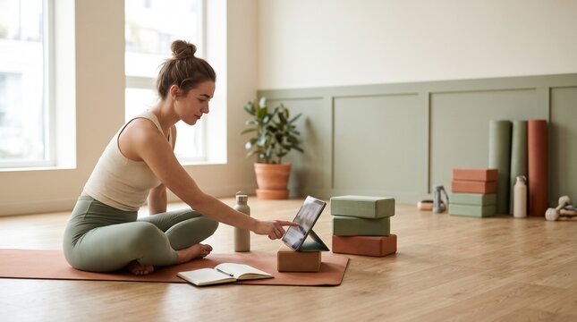 Woman practicing yoga at home using tablet for online class with yoga blocks and mats