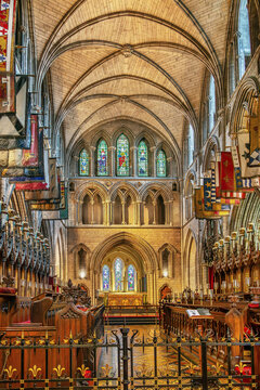 Interior view of the choir stalls in St. Patrick's Cathedral in Dublin, Ireland. Exquisite carved wood details decoration