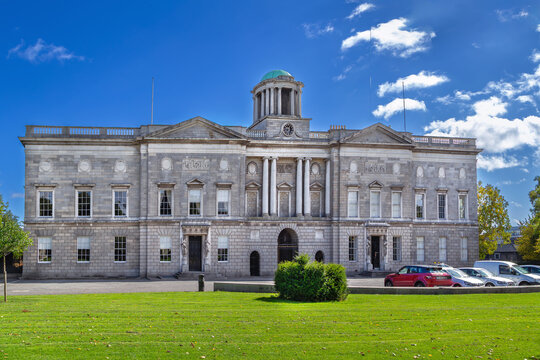 Historic building of The Honorable Society of King's Inns in Dublin, Ireland. Grand classical architecture under a bright sky