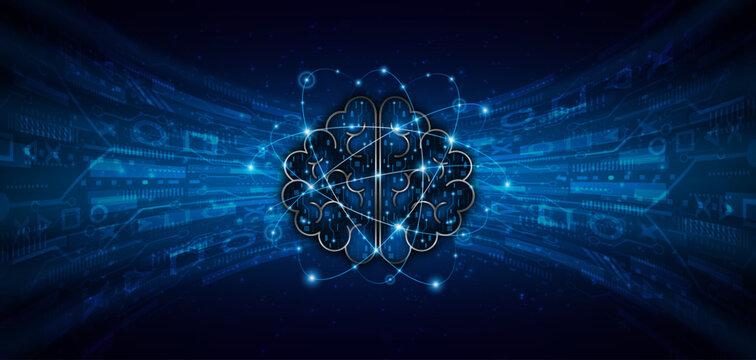 A high-tech digital brain icon on a blue electrical circuit background. Conceptual representation of intelligent automation, artificial neural networks, and intelligent technology systems.