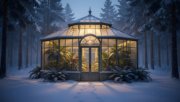 Glowing Victorian greenhouse with tropical plants in snowy forest at dusk