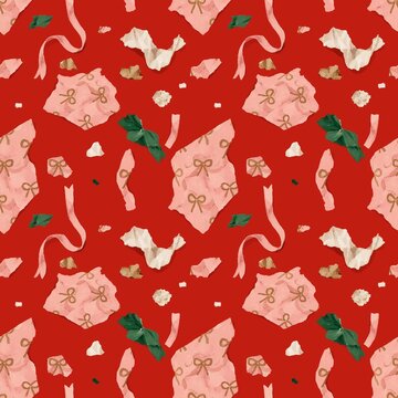 Unwrapped red gift wrap seamless pattern