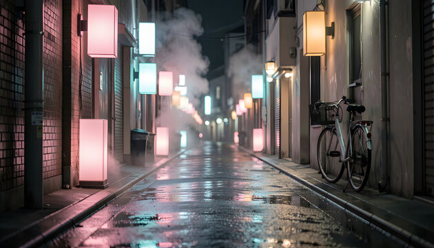 Empty city alley at night after rain with neon reflections and bicycle