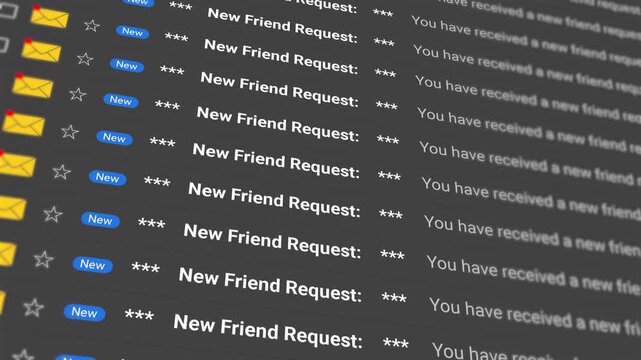 New friend request emails notification concept. Scrolling emails list on display screen. Social media alerts, messages inbox, online communication and engagement. 4k video animation
