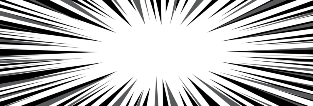 Comic radial line background, speed effect manga. Explode ray frame, explosion black and white pattern. Anime burst backdrop, abstract splash bg pop art book style. Horizontal vector illustration