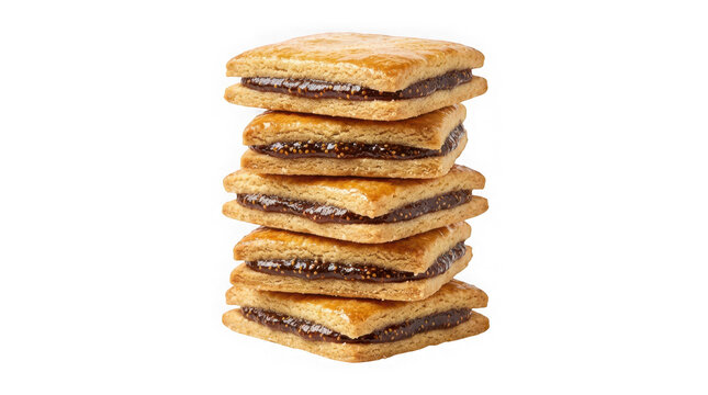 A stack of five delicious square fig cookies with a rich fruit filling isolated on transparent background