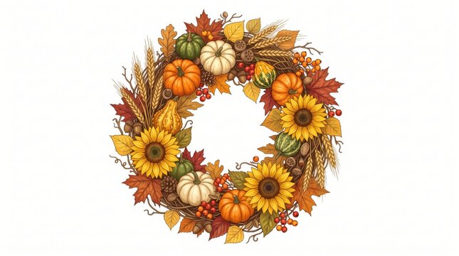 Autumn harvest wreath with sunflowers and pumpkins