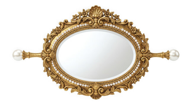 Vintage golden oval frame decorated with pearls, ornate baroque style border isolated on transparent background