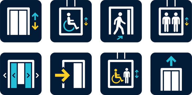 Accessibility icon set with wheelchair access and public facility symbols, Inclusive building navigation vector collection, Universal access graphics for transport signage and public spaces