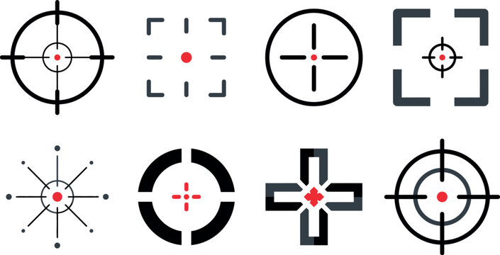 Target icon set with crosshair symbols and precision aiming marks, Aim vector collection with circular reticles and focus indicators, Target graphics for shooting sports navigation and accuracy design