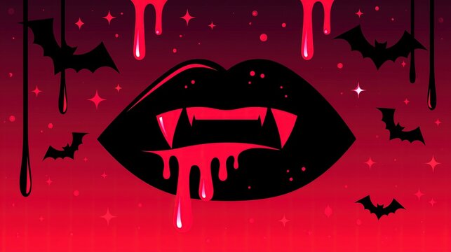 Illustration of vampire teeth with blood drips and bats against a red background, suggesting a Halloween theme. Ideal for party invitations or greeting cards.