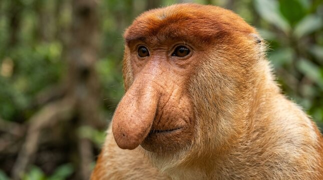Close up portrait of a proboscis monkey showing its distinctive large nose