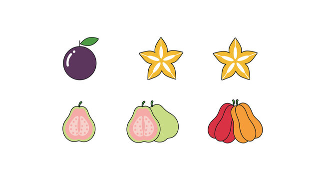 Fresh tropical fruit collection displays whole passion fruit, carambola star fruit slices, pink guava, and sweet wax apples.