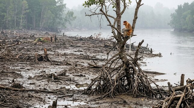 Proboscis monkey sitting on a lone tree in a deforested and polluted riverbank