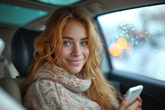 Young woman with red hair is sitting in car and looking at her smartphone