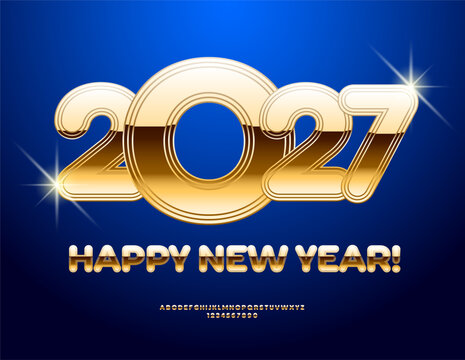 Vector Chic Greeting Card Merry Christmas 2027! Awesome Gold Font. Trendy Exclusive set of Lavish Alphabet Letters and Numbers.