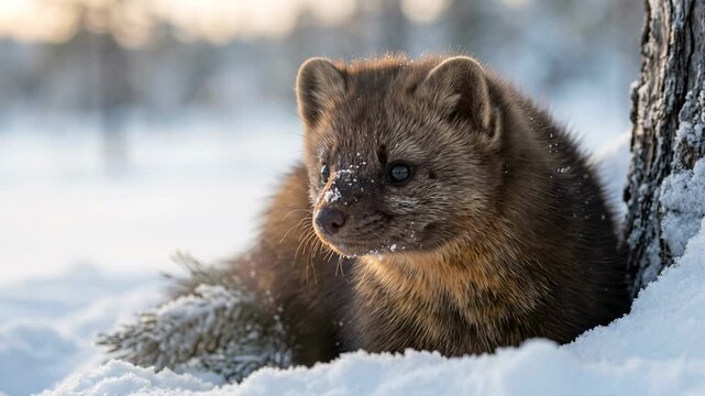 sable close up at morning light with a snowy background in the siberian taiga russia video