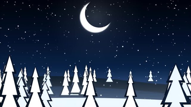 Snowy night forest landscape animation featuring triangle pine tree shape and round white moon in clear dark sky with light snowfall effect during winter season for holiday celebration background