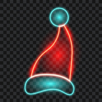 Neon Christmas Santa hat, isolated on transparent background, vector illustration.