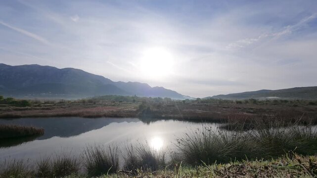 Sunlit Water and a Vegetated Islet Beneath Mountain Reflections