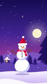 Animated snowman in santa hat with red scarf appearing in snowy night forest landscape under full moon with merry christmas typography lettering greeting card motion graphic for holiday celebration