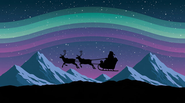 Flat vector Santa sleigh and two reindeer over aurora mountains