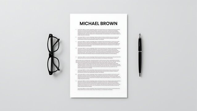 A professional top-down view of a business document featuring a personalized name header next to spectacles and a black pen on a neutral background