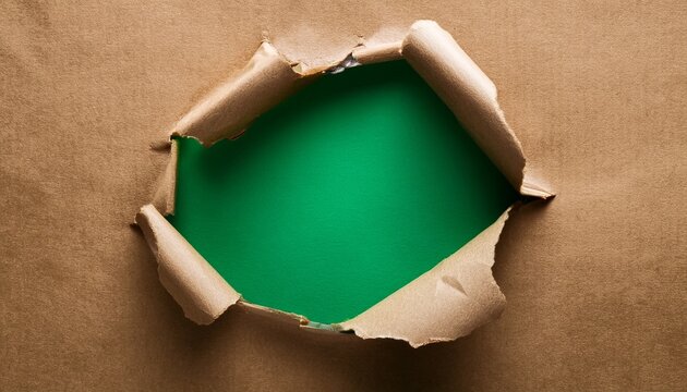 small torn hole in kraft paper revealing green background for teaser campaigns hidden messages investigations concepts