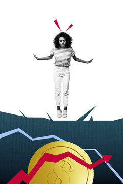 Composite trend artwork sketch collage of&nbsp;monochrome young lady confused stand crisis devaluation loss money cracked budget inflation