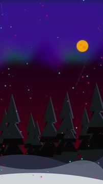 Animated pine tree in snowy forest with yellow moon in dark night sky during winter season for christmas holiday celebration background with falling particle and aurora light effect in motion graphic