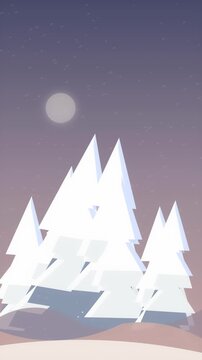 Minimalist snowy forest landscape animation featuring triangle pine tree shape and round white moon in dark sky with light snowfall effect at night while winter season bring serene nature atmosphere