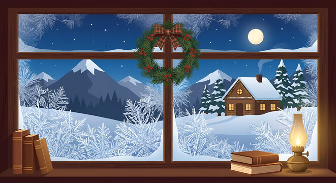 winter landscape with house and window At Christmas