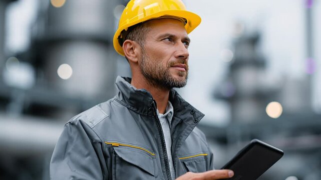 refinery engineer with tablet inspection hardhat and grey jacket holding digital tablet while surveying blurred industrial plant background focused expression