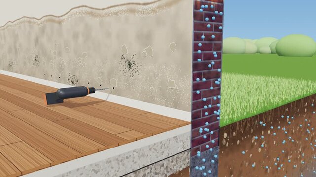 Rising damp treatment with damp proof injection cream in brick wall, drilled holes and drying wall, 3D cutaway animation