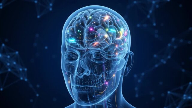 A transparent head turns clockwise as colorful neural signals race along glowing brain pathways, illuminating nodes in a vivid 3D scientific animation. Generated AI.