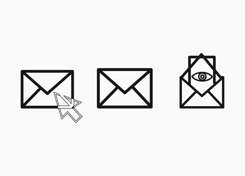 Email icons with normal and opened envelopes and one with an eye