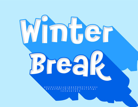 Vector Joyful banner Winter Break. Playful Font with Big Blue Shadow. Funny set of Bright Cool Alphabet Letters and Numbers.