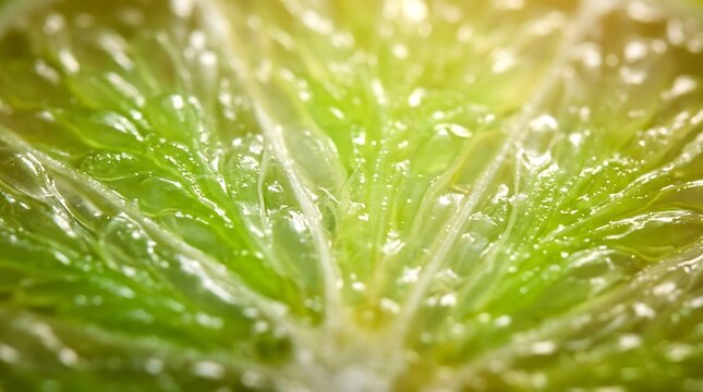 Extreme close-up macro shot of a fresh lime slice showing vibrant green citrus pulp, translucent juice vesicles, and bright sunlight reflections
