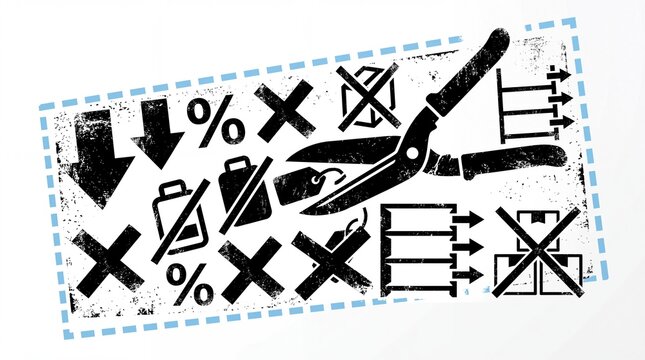 Economic Price Cut Concept featuring grungy black icons of scissors, percentages, and crossed-out boxes on white background ideal for financial news and retail discount promotions.