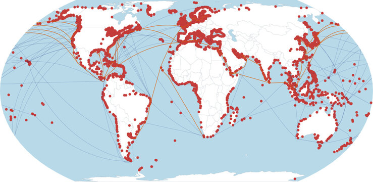 World Sea Ports Map with Countries and International Shipping Routes  Map in Equal Earth Projection