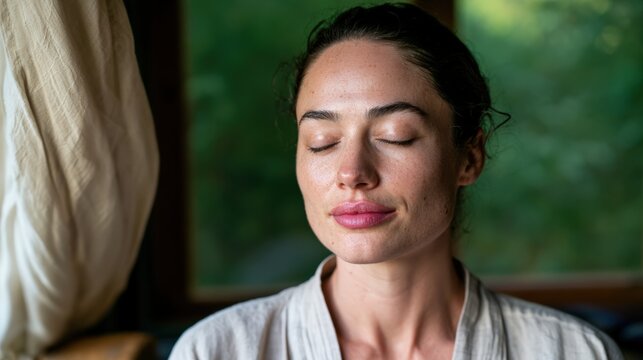 Woman breathing deeply near open bedroom window in soft robe