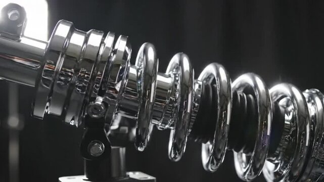 Close up view of metallic chrome spiral spring reflecting bright light.