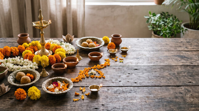 Environmentally Conscious Diwali Arrangement with Handmade Oil Lamps