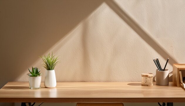 beige room with wooden desk and sunlit wall interior shot ideal for virtual background zoom calls or home office presentation