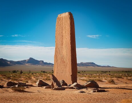 tall monolith standing in a vast desert landscape during daylight