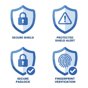 Blue security shield icons with padlock alert symbol checkmark and fingerprint verification for data protection biometric authentication