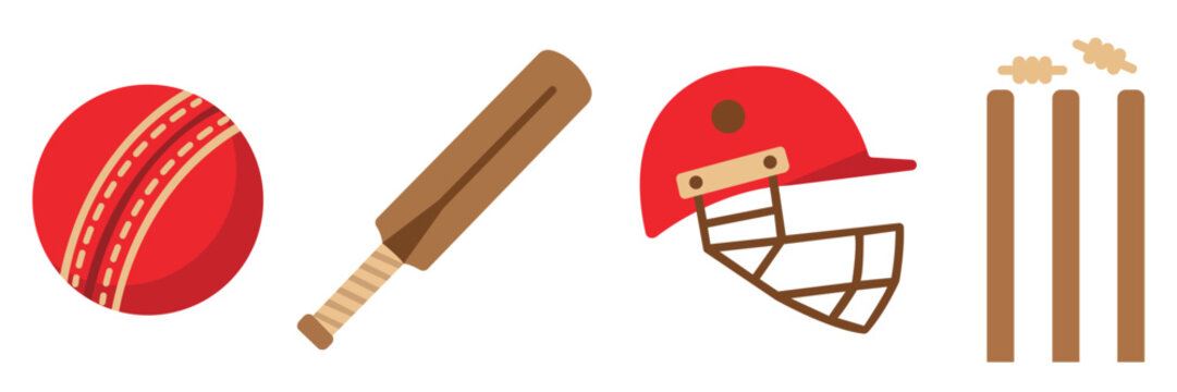 Collection of colorful cricket sport equipment icons on white background with cricketer activity recreation competition tournament protection protective professional athletic