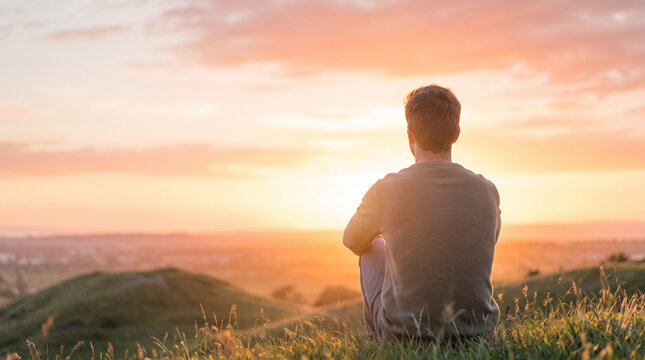 Man looking at a sunset alone on a grassy hilltop  