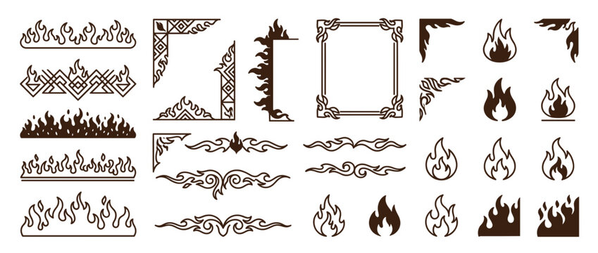 Flame and fire decorative vector elements. Ornamental fire motifs and embellishments isolated on transparent background. Flames, fire bursts, fireballs, fire tongues, fire swirls, fire outlines.